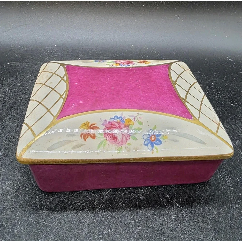 Vintage BW Hand Painted Porcelain Rectangular Trinket Dresser Box Flower Floral
